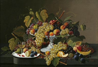 Stillleben mit Obst und Wein auf einem Tisch von Severin Roesen